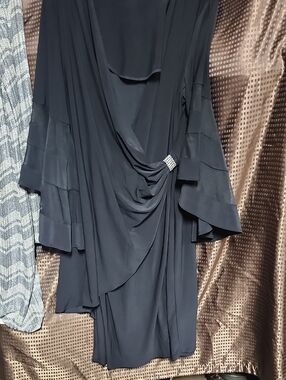 R&M Richards Black Long-Sleeve Draped Evening Dress with Rhinestone Brooch